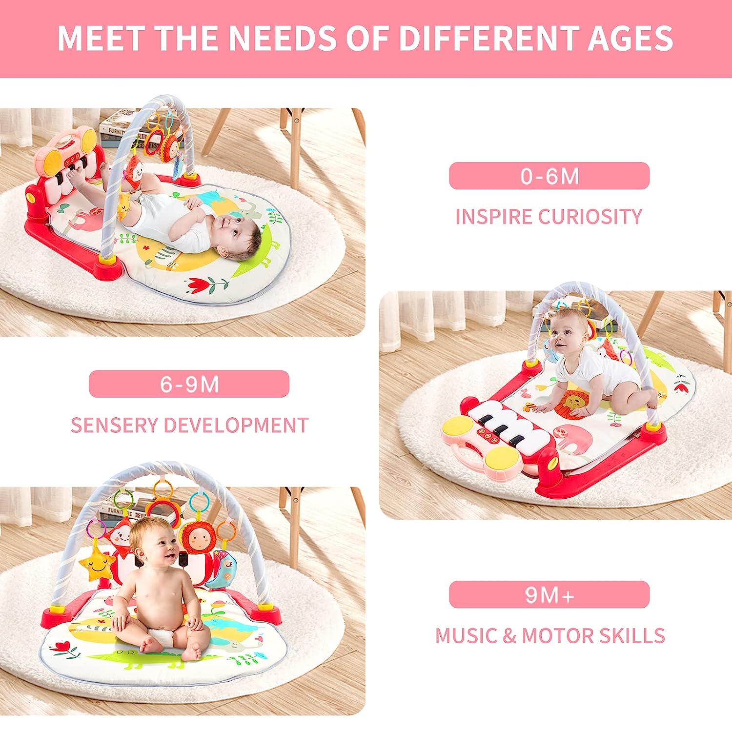 Eners Baby Gyms Play Mats Musical Activity Center Baby Piano Gym Mat Tummy Time Padded Mat for Newborn Toddler Infants(Red) - Image 3